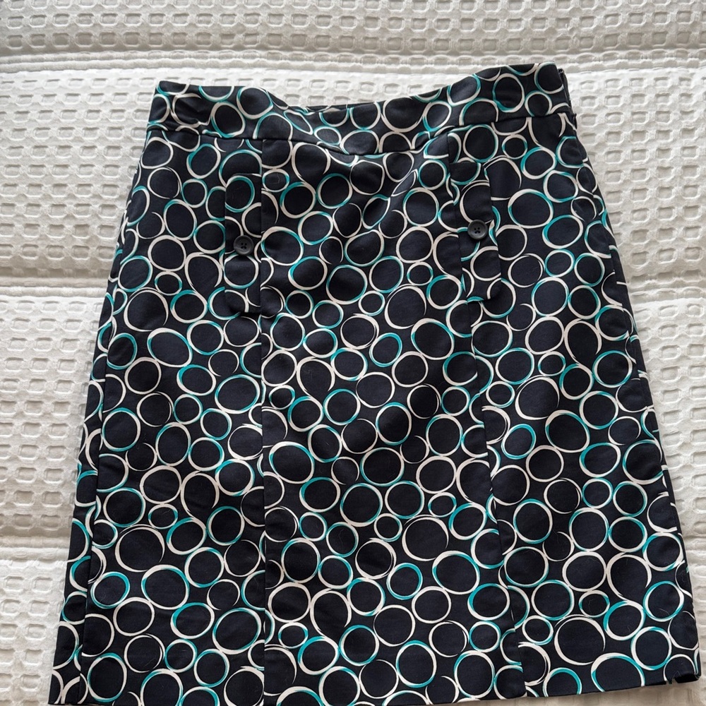 Ann Taylor Black Skirt with Blue and White Circle Pattern